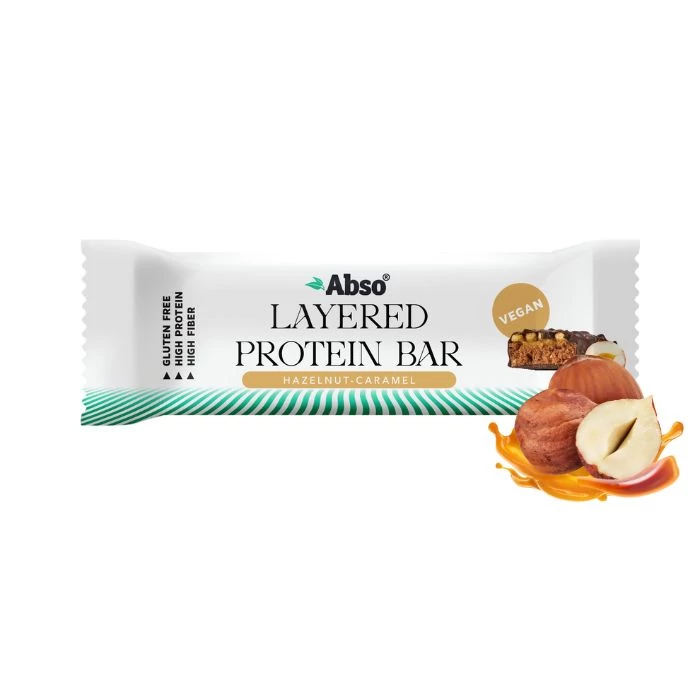 Abso Layered Protein Bar 50 g - Mogyorókrémes-karamellás ízű vegán fehérjeszelet