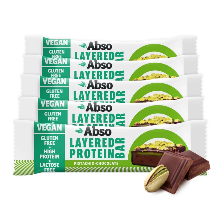 Abso Layered Protein Bar Kínáló (16db x 50 g) - Pisztáciás - csokoládés ízű vegán fehérjeszelet