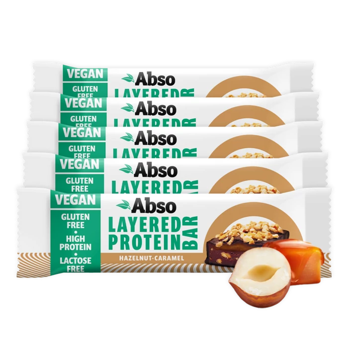 Abso Layered Protein Bar Kínáló (16db x 50 g) - Mogyorókrémes-karamellás ízű vegán fehérjeszelet