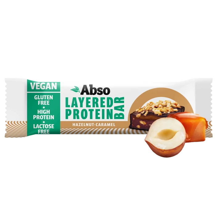 Abso Layered Protein Bar 50 g - Mogyorókrémes-karamellás ízű vegán fehérjeszelet